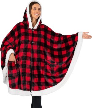 Cozy Super Soft Shawl Only Weighs 1 Pound Has 2 Pockets, Hood and Button Option to Make Sleeves - Black and Red Buffalo Plaid Checkered
