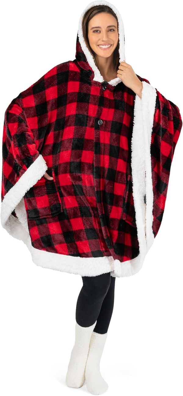 Cozy Super Soft Shawl Only Weighs 1 Pound Has 2 Pockets, Hood and Button Option to Make Sleeves - Black and Red Buffalo Plaid Checkered - Image 6