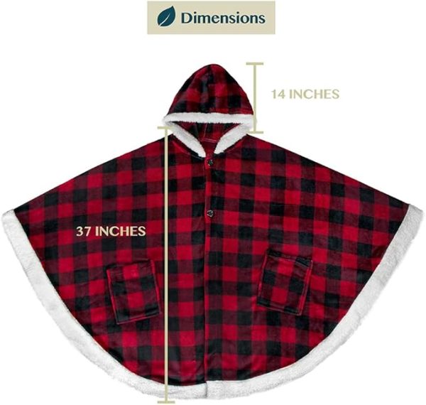 Cozy Super Soft Shawl Only Weighs 1 Pound Has 2 Pockets, Hood and Button Option to Make Sleeves - Black and Red Buffalo Plaid Checkered - Image 4