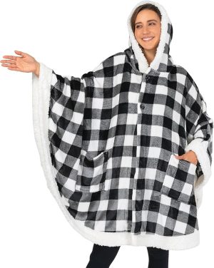Cozy Super Soft Shawl Only Weighs 1 Pound Has 2 Pockets, Hood and Button Option to Make Sleeves - Black and White Buffalo Plaid Checkered