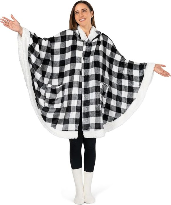 Cozy Super Soft Shawl Only Weighs 1 Pound Has 2 Pockets, Hood and Button Option to Make Sleeves - Black and White Buffalo Plaid Checkered - Image 2