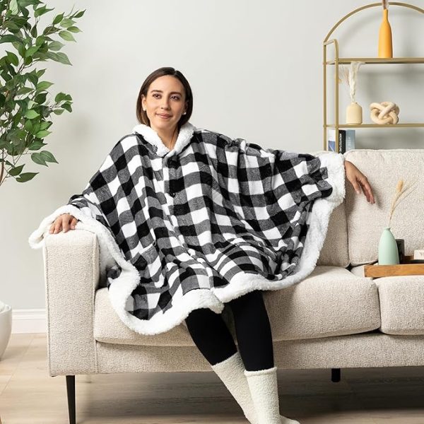 Cozy Super Soft Shawl Only Weighs 1 Pound Has 2 Pockets, Hood and Button Option to Make Sleeves - Black and White Buffalo Plaid Checkered - Image 6