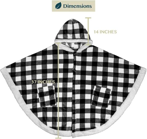 Cozy Super Soft Shawl Only Weighs 1 Pound Has 2 Pockets, Hood and Button Option to Make Sleeves - Black and White Buffalo Plaid Checkered - Image 5