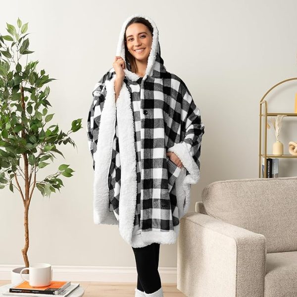Cozy Super Soft Shawl Only Weighs 1 Pound Has 2 Pockets, Hood and Button Option to Make Sleeves - Black and White Buffalo Plaid Checkered - Image 4
