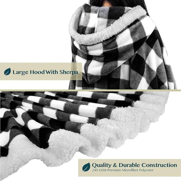 Cozy Super Soft Shawl Only Weighs 1 Pound Has 2 Pockets, Hood and Button Option to Make Sleeves - Black and White Buffalo Plaid Checkered - Image 3