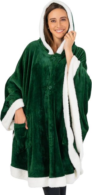 Cozy Super Soft Shawl Only Weighs 1 Pound Has 2 Pockets, Hood and Button Option to Make Sleeves - Emerald Green