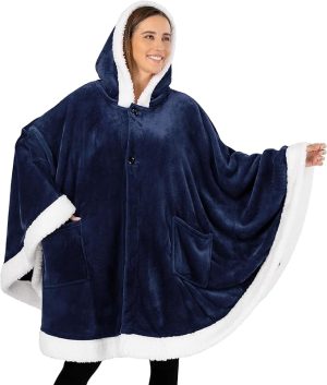 Cozy Super Soft Shawl Only Weighs 1 Pound Has 2 Pockets, Hood and Button Option to Make Sleeves - Navy Blue