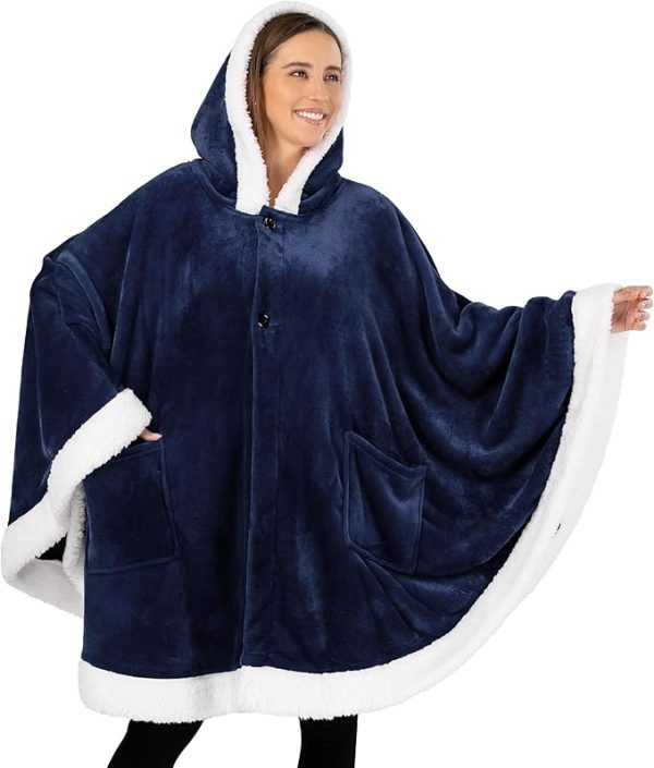 Cozy Super Soft Shawl Only Weighs 1 Pound Has 2 Pockets, Hood and Button Option to Make Sleeves - Navy Blue