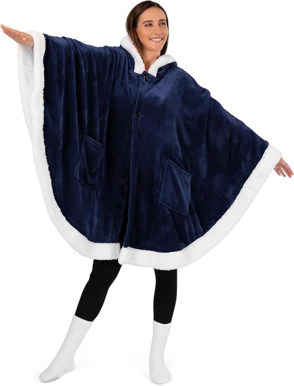 Cozy Super Soft Shawl Only Weighs 1 Pound Has 2 Pockets, Hood and Button Option to Make Sleeves - Navy Blue - Image 6