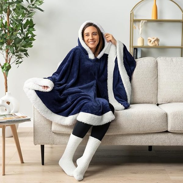 Cozy Super Soft Shawl Only Weighs 1 Pound Has 2 Pockets, Hood and Button Option to Make Sleeves - Navy Blue - Image 5
