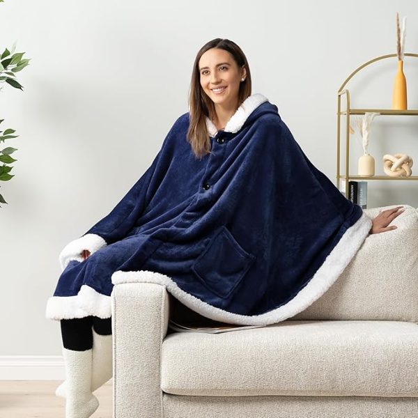 Cozy Super Soft Shawl Only Weighs 1 Pound Has 2 Pockets, Hood and Button Option to Make Sleeves - Navy Blue - Image 3