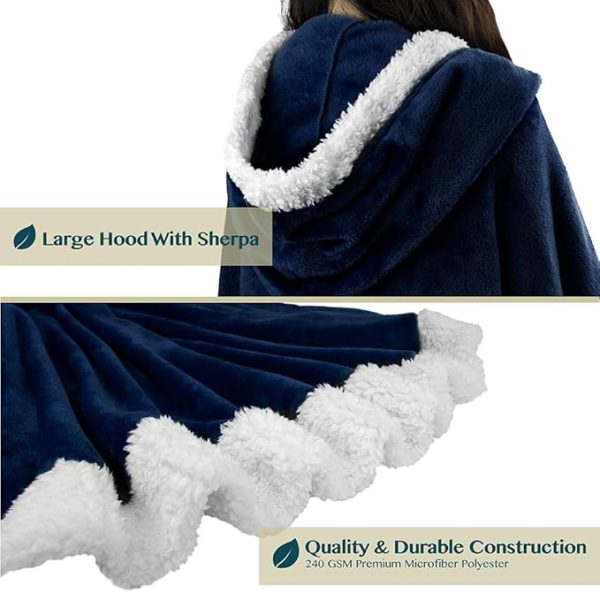 Cozy Super Soft Shawl Only Weighs 1 Pound Has 2 Pockets, Hood and Button Option to Make Sleeves - Navy Blue - Image 2