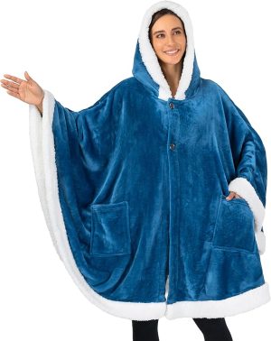 Cozy Super Soft Shawl Only Weighs 1 Pound Has 2 Pockets, Hood and Button Option to Make Sleeves - Turquoise Sea Blue