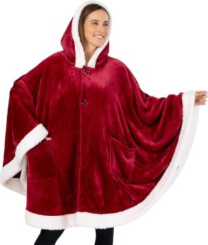 Cozy Super Soft Shawl Only Weighs 1 Pound Has 2 Pockets, Hood and Button Option to Make Sleeves - Wine Red
