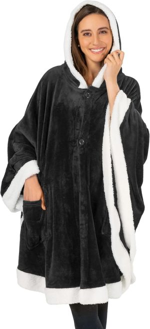 Cozy Super Soft Shawl Only Weighs 1 Pound Has 2 Pockets, Hood and Button Option to Make Sleeves - Black